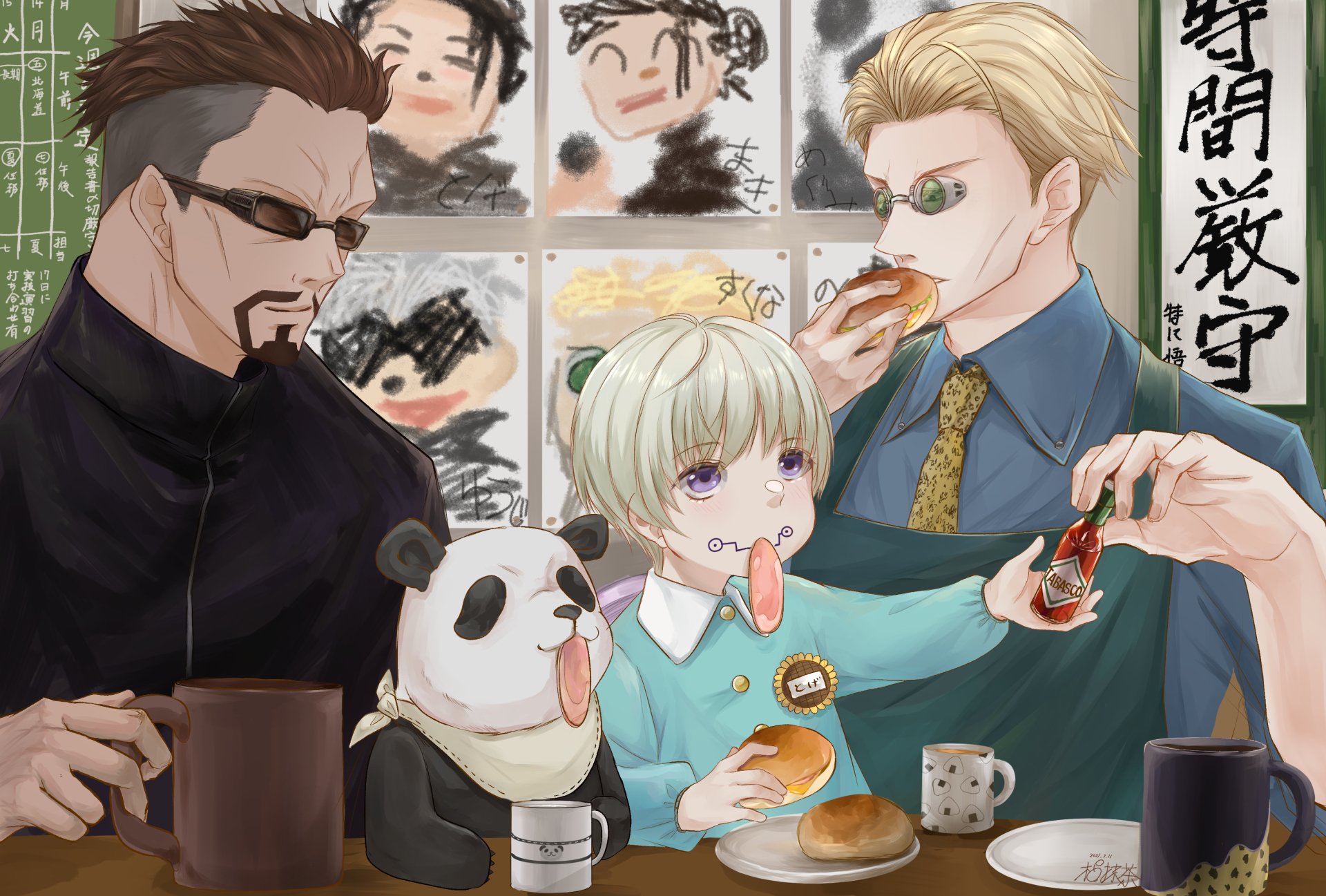 Download Purple Eyes Panda (Jujutsu Kaisen) Glasses Brown Hair Blonde White Hair Toge Inumaki Kento Nanami Masamichi Yaga Anime Jujutsu Kaisen HD Wallpaper by くっきーさんど
