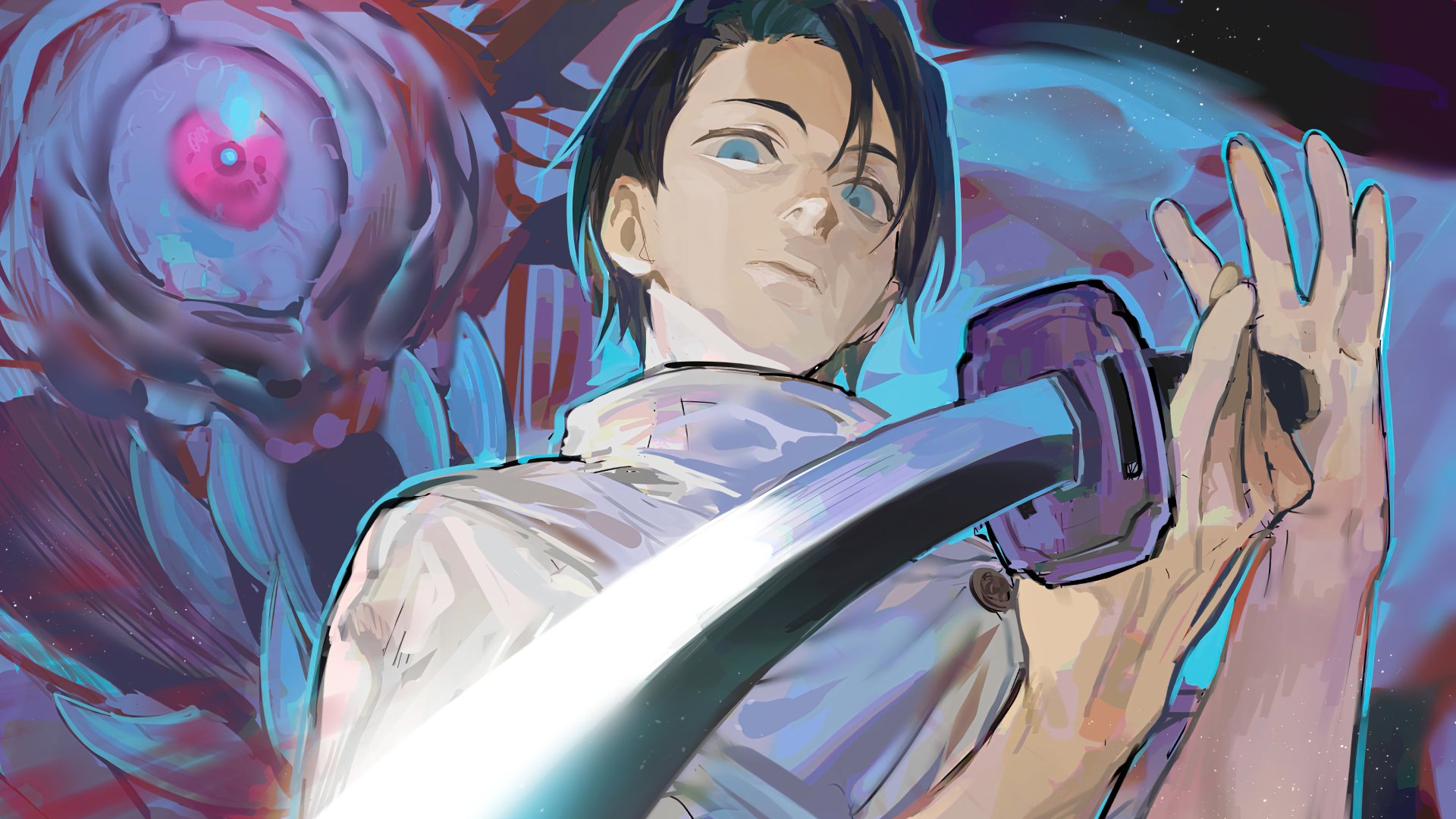 Yuta Okkotsu from Jujutsu Kaisen in school uniform with black hair and blue eyes, wielding a sword against a dark, ominous background in 4K Ultra HD.