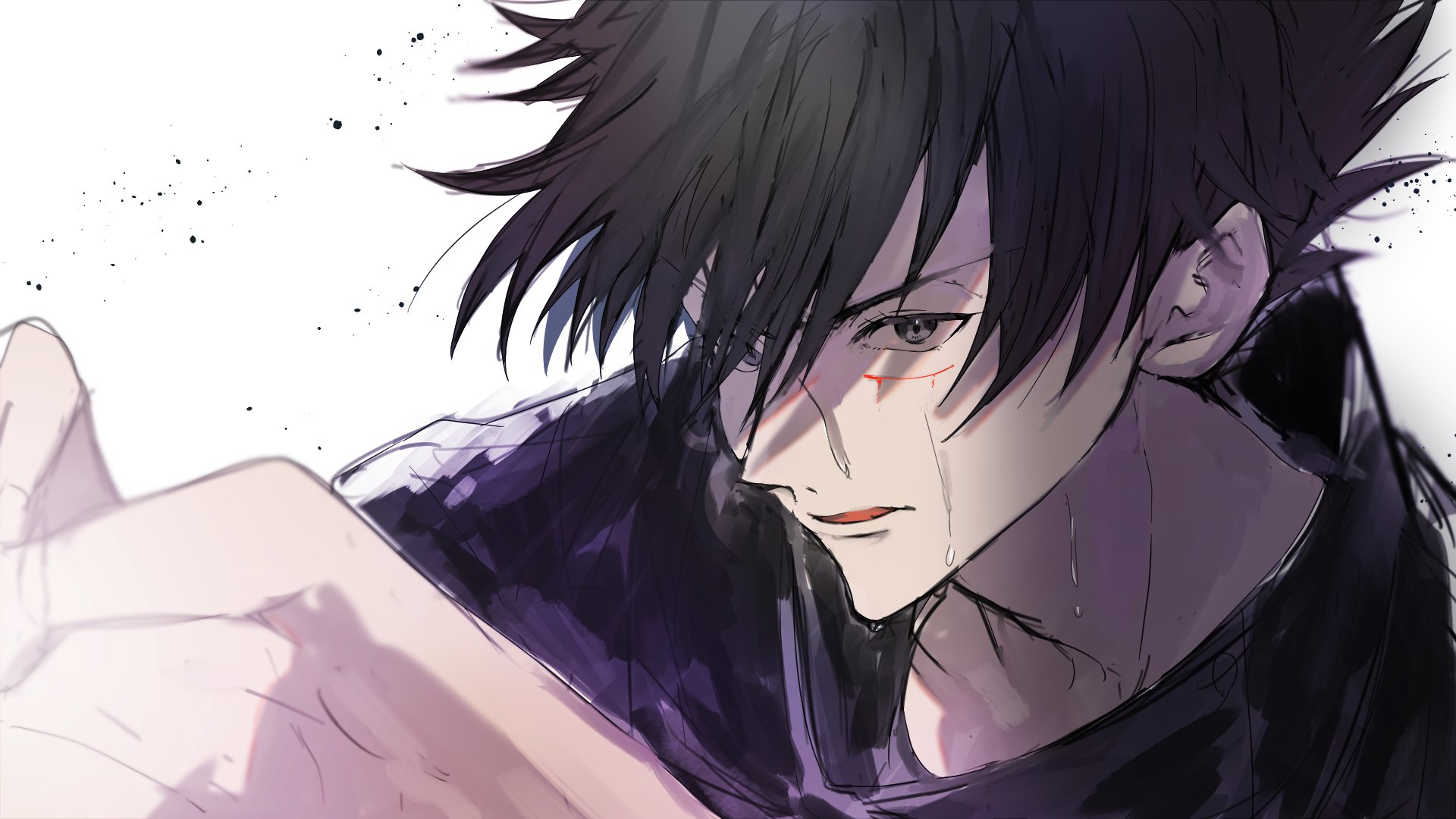 HD PC desktop wallpaper of Megumi Fushiguro from Jujutsu Kaisen: black-haired anime close-up, pale skin, intense, slightly smiling expression and outstretched arm.