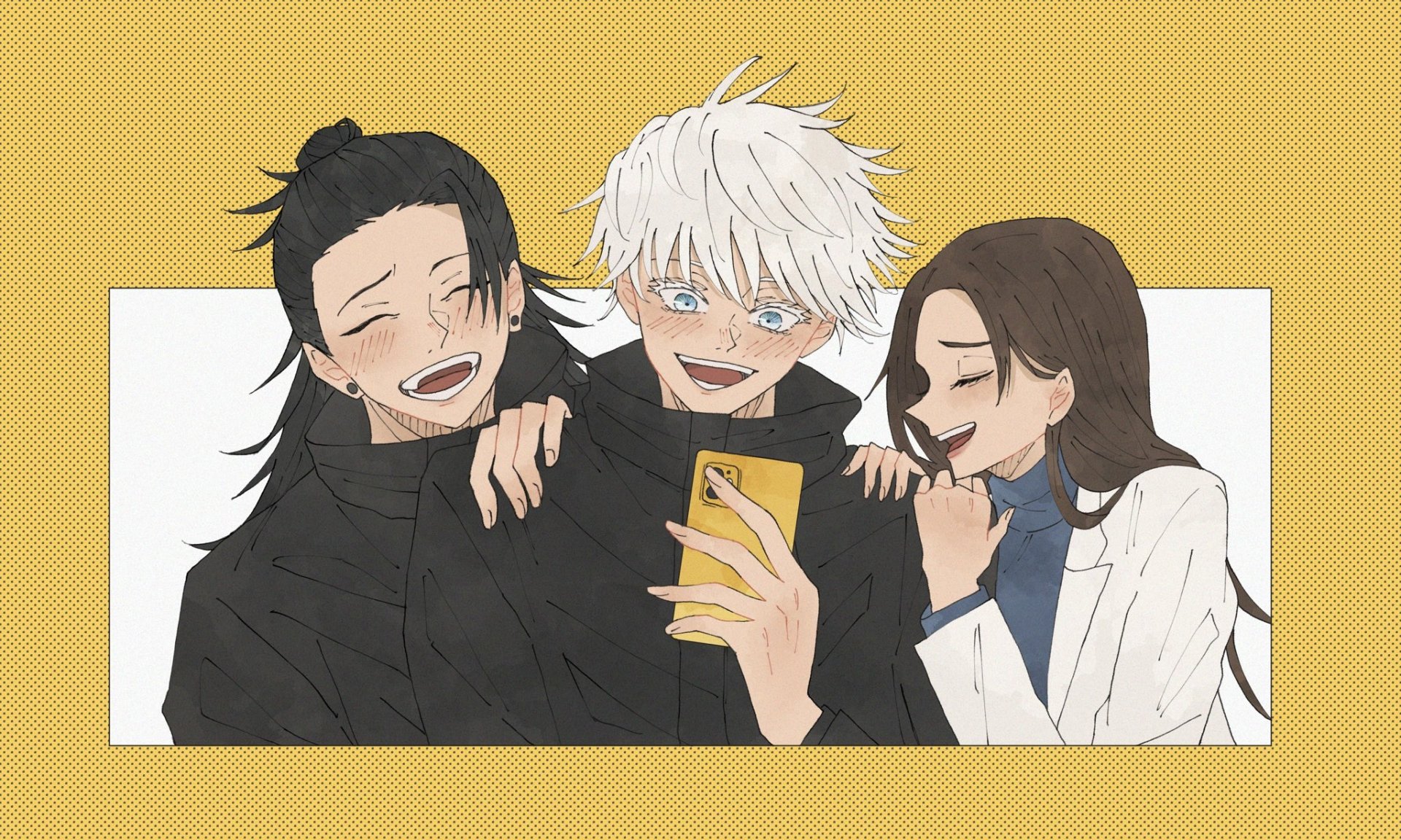 Download School Uniform Blue Eyes White Hair Black Hair Brown Hair Shoko Ieiri Suguru Geto Satoru Gojo Anime Jujutsu Kaisen Gojo & Geto HD Wallpaper by muiii