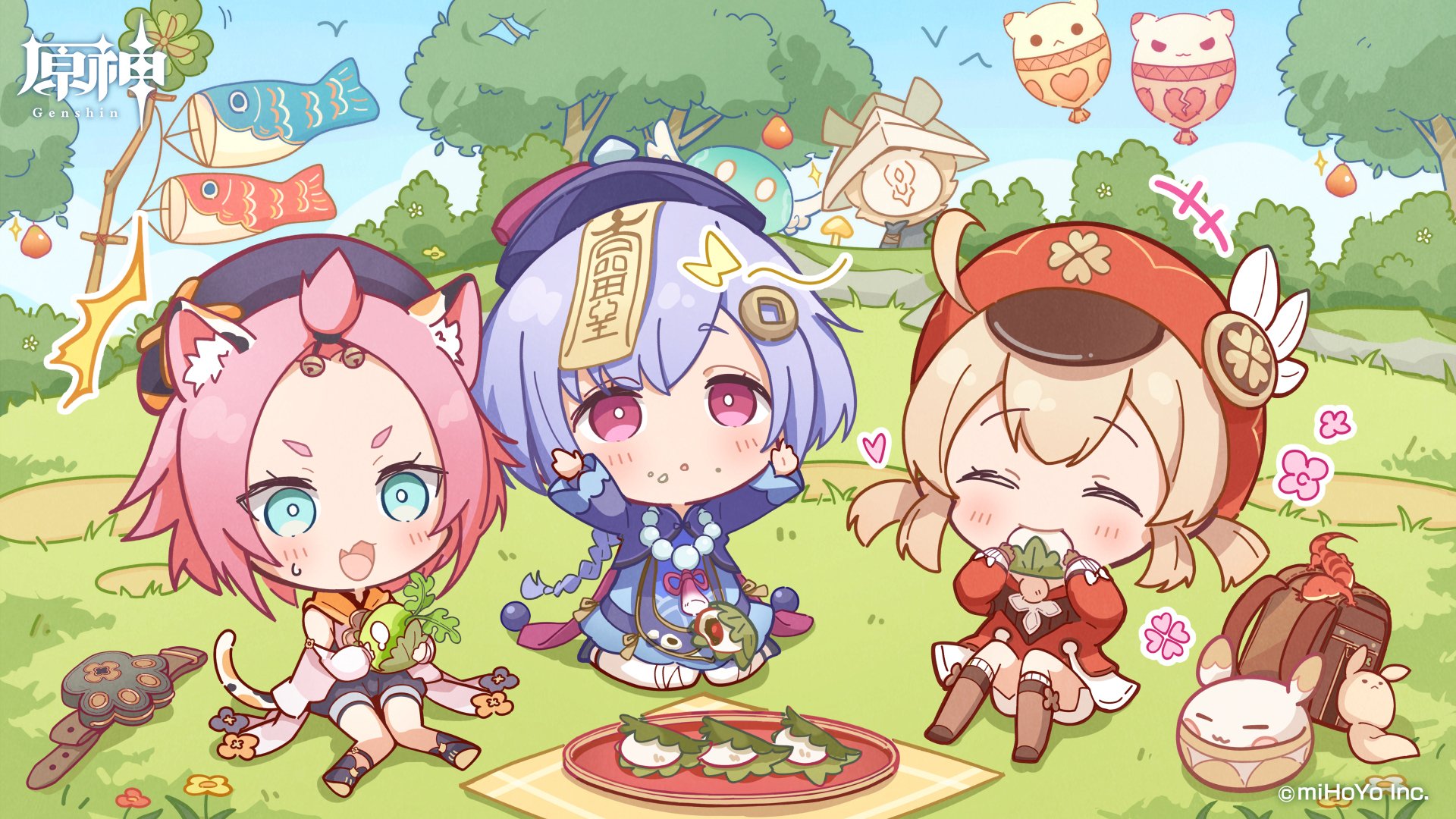 Chibi Diona, Qiqi, and Klee from Genshin Impact share a picnic on a sunny grassy field — HD PC desktop wallpaper background, video game art.