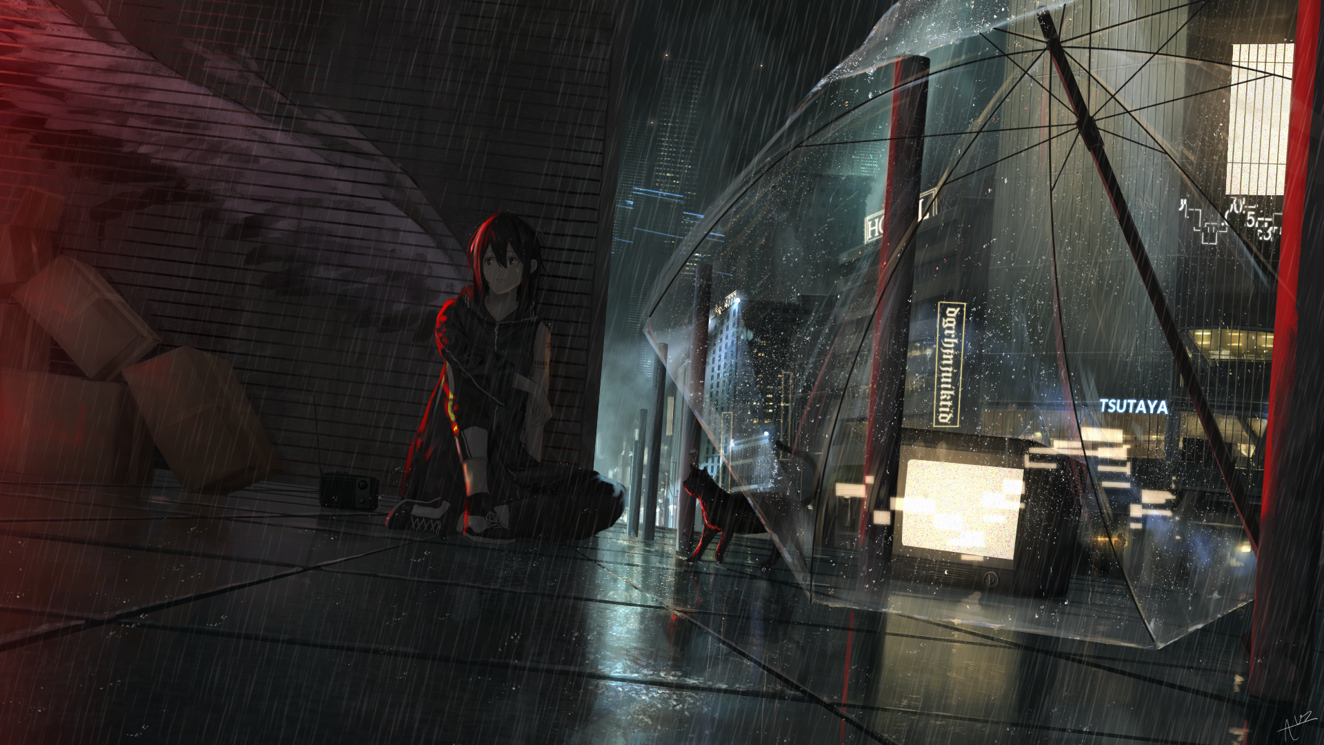 Anime girl and cat under an umbrella in a rainy night cityscape, captured in high-definition with moody lighting for a striking PC desktop wallpaper.