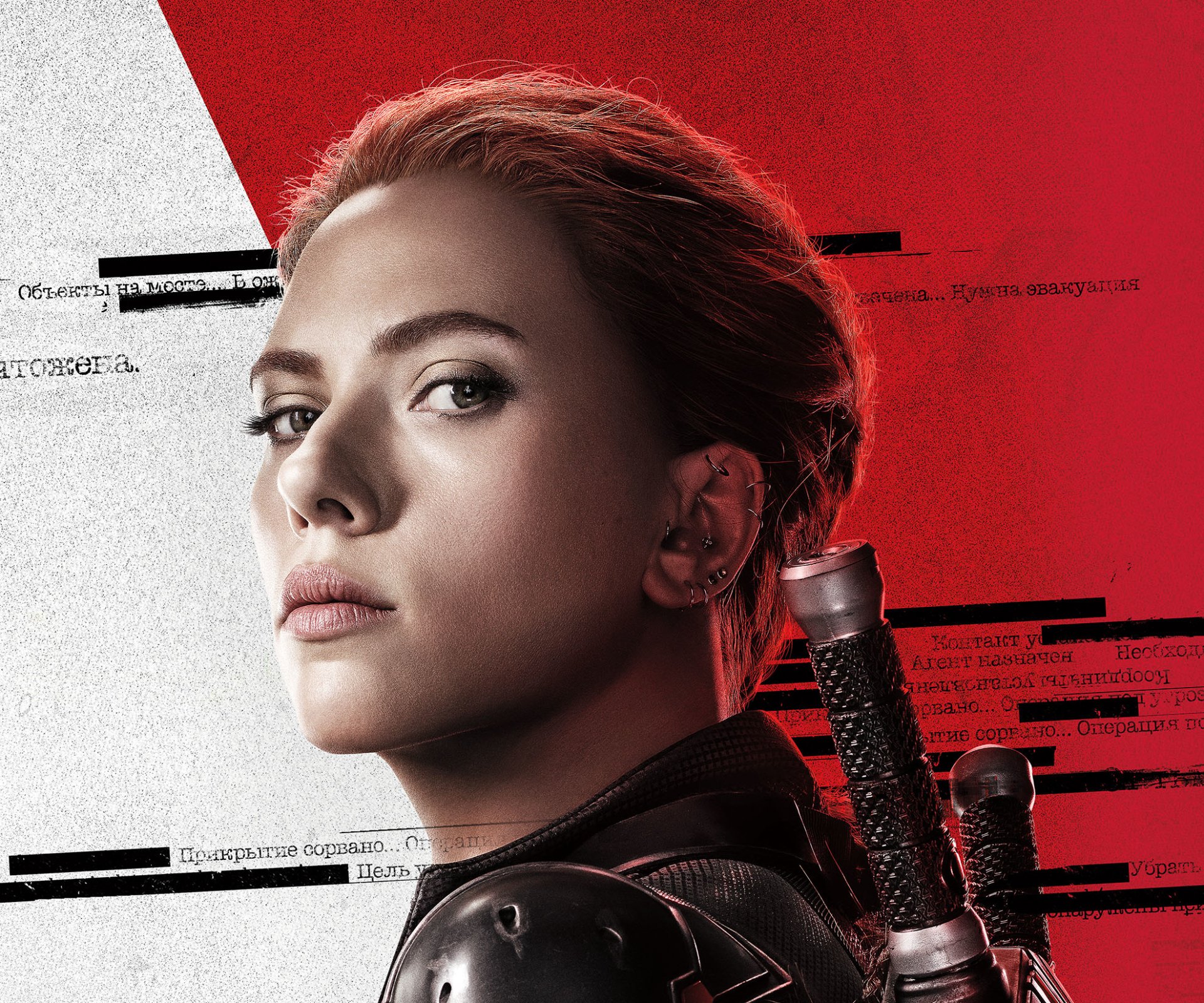HD PC desktop wallpaper featuring Scarlett Johansson as Natasha Romanoff from the movie Black Widow with a red and black graphic background.