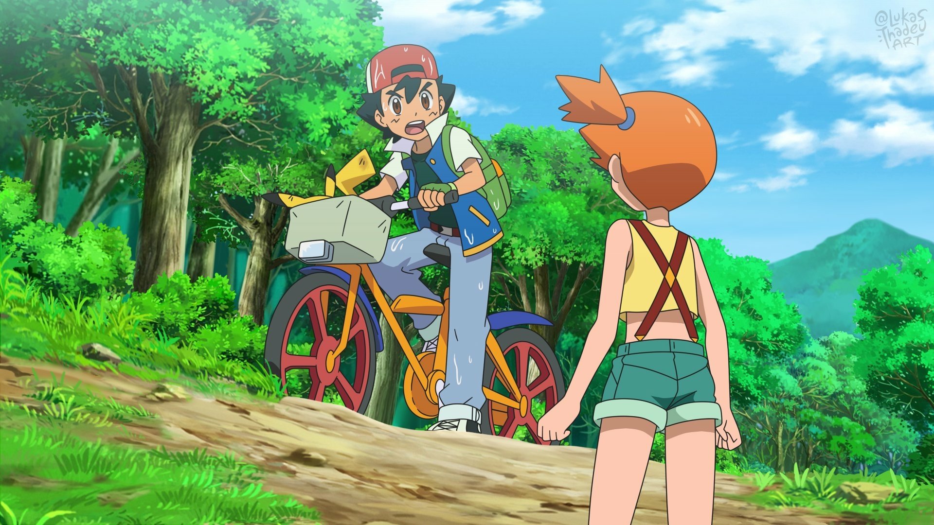 Download Brown Eyes Orange Hair Black Hair Cap Bike Pikachu Misty (Pokémon)  Ash Ketchum Anime Pokemon HD Wallpaper by lukasthadeuart