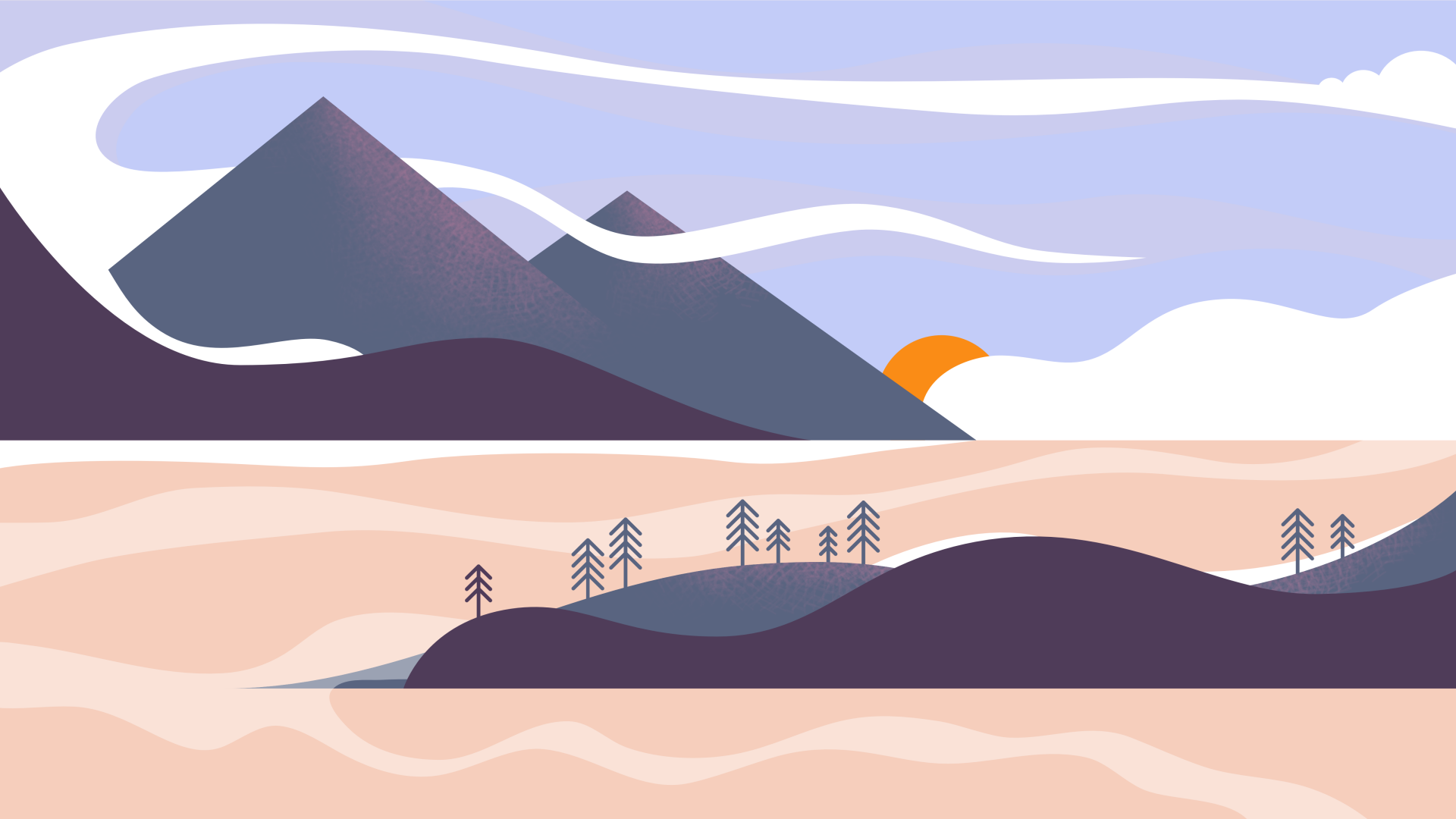 Vector mountains lake landscape with trees in the evening, purple ...