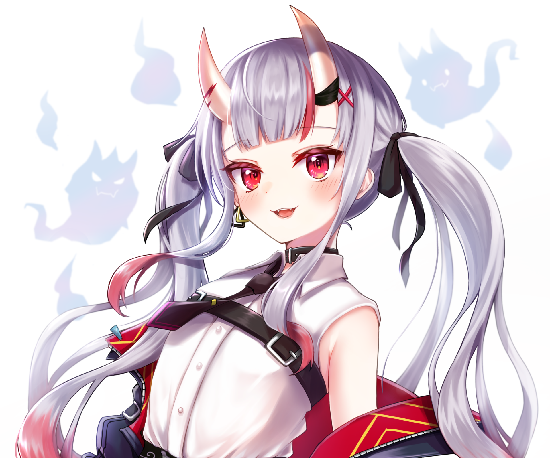 Anime-style HD PC wallpaper of Nakiri Ayame from Hololive, featuring long white hair, red eyes, and horns, exuding a lively and vibrant virtual YouTuber presence.