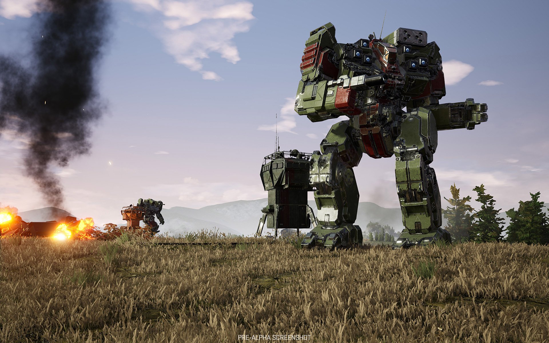 HD desktop wallpaper featuring MechWarrior 5: Mercenaries robots in a battle scene with explosions and smoke on the battlefield.