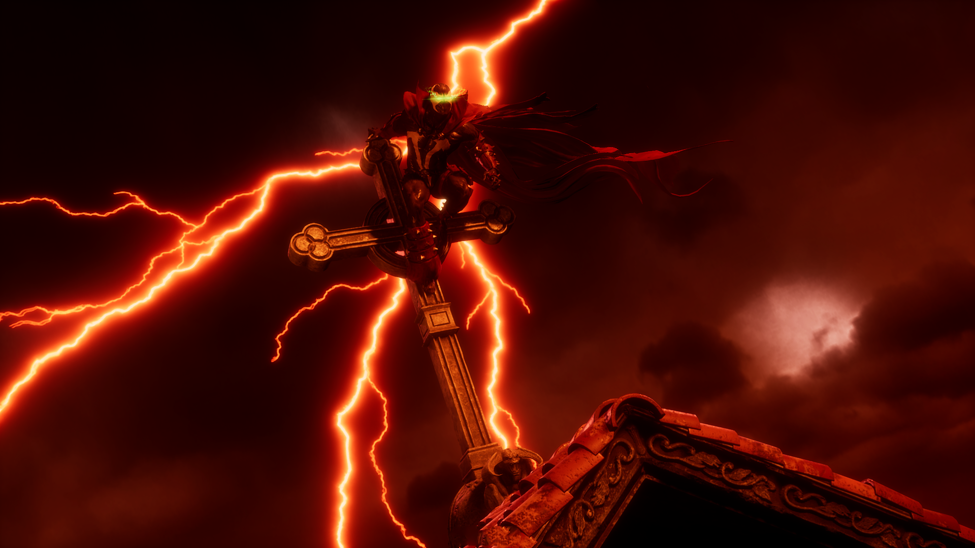 HD PC wallpaper: Spawn (Image Comics) in Mortal Kombat 11, perched on a tomb cross as red lightning forks across a stormy crimson sky.