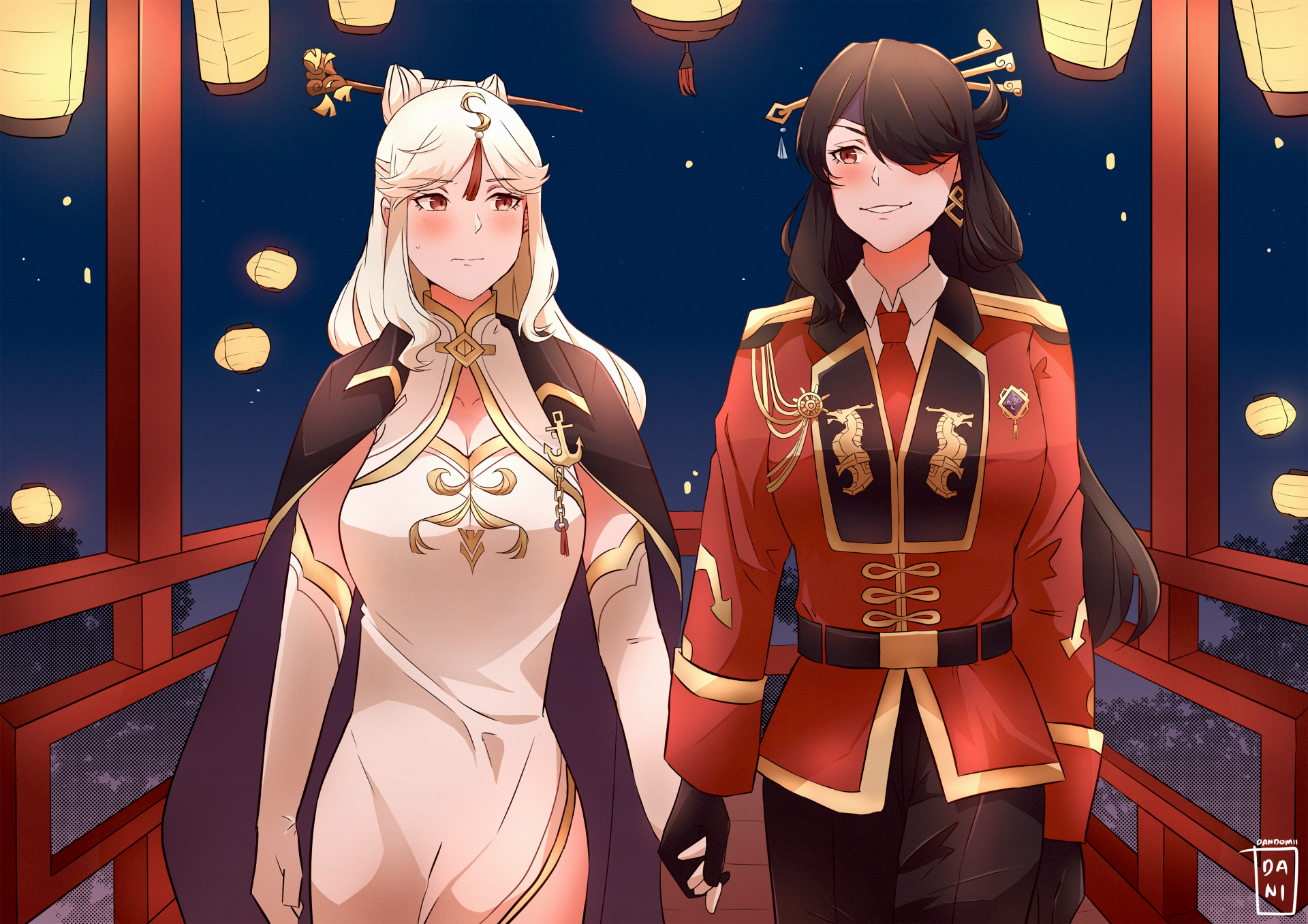 2K Quad HD PC desktop wallpaper of video game Genshin Impact: Ningguang and Beidou stand on a lantern-lit balcony in festive attire, smiling side by side.