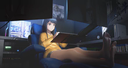 Anime girl in a cozy room, reclining on a chair while sketching on a tablet, illuminated by soft blue light from computer screens in this HD PC desktop wallpaper.