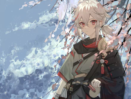 HD PC desktop wallpaper of Kaedehara Kazuha from Genshin Impact, featuring the character standing near blossoming cherry trees with a serene sky background.