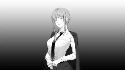 HD PC desktop wallpaper featuring Makima from the anime Chainsaw Man in a grayscale, stylish portrait with a confident pose and detailed shading.