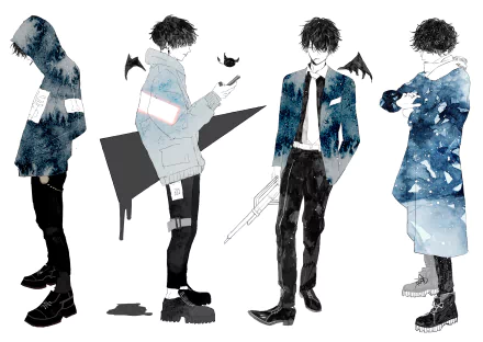 HD PC desktop wallpaper featuring four stylized anime boys in dark clothing with abstract, watercolor-like textures and small black bat silhouettes.