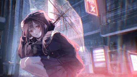 An anime girl with brown hair and a black hoodie crouches under a transparent umbrella in the rain, set against an urban background. The image is a high-definition desktop wallpaper.