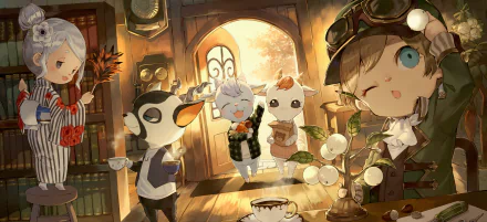 HD PC desktop wallpaper and background of the video game Animal Crossing: New Horizons — cozy sunlit cottage interior with anthropomorphic villagers sharing tea, warm wood tones, playful expressions.