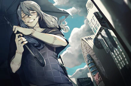 HD anime desktop wallpaper featuring Mahito from Jujutsu Kaisen with grey and blue hair, grey eyes, smiling under an umbrella in a cityscape background.