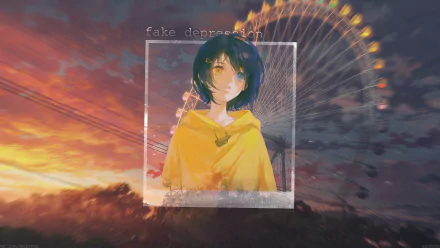 Anime-style 4K Ultra HD wallpaper of Ai Ohto from Wonder Egg Priority, featuring heterochromia and a picture-in-picture frame against a sunset with a Ferris wheel backdrop.