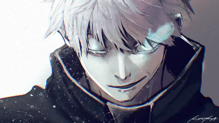 A high-definition desktop wallpaper featuring Satoru Gojo from Jujutsu Kaisen, showcasing his white hair and intense expression against a dark background.