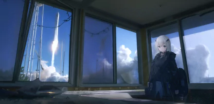 HD PC desktop wallpaper and background: an anime girl with white hair sits by a wide window, gazing out at bright blue skies, fluffy clouds, and distant towers.