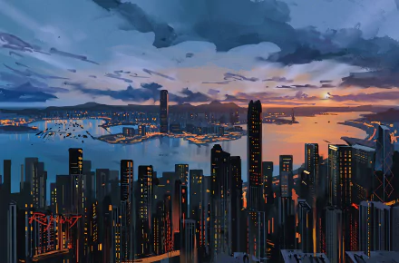 A 4K Ultra HD wallpaper featuring Hong Kong’s cityscape with towering skyscrapers and buildings silhouetted against a vibrant sunset sky over the harbor.
