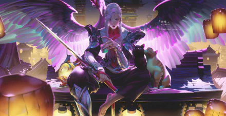 A fantasy-themed HD desktop wallpaper featuring an angel warrior with glowing wings holding a sword, accompanied by two cats in a vibrant, mystical cityscape.