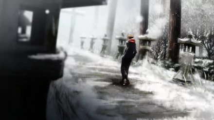 HD wallpaper featuring Yuji Itadori from the anime Jujutsu Kaisen standing in a snowy, serene winter landscape, dressed in a school uniform.
