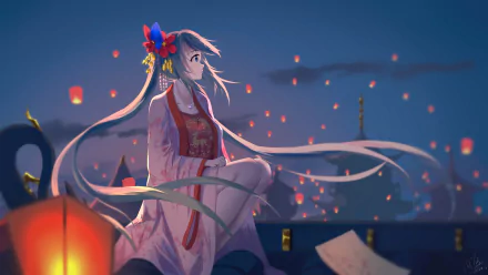 Hatsune Miku with long hair sits under a night sky surrounded by floating lanterns, depicted in vibrant 8K Ultra HD anime style as a Vocaloid PC desktop wallpaper.