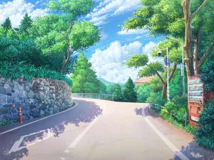 Anime-style 4K Ultra HD desktop wallpaper featuring a bright street scene with lush trees, a clear blue sky filled with clouds, and a winding road.