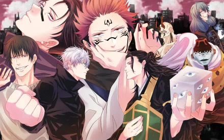HD anime wallpaper featuring Jujutsu Kaisen characters including Toji Fushiguro with grey hair, Sukuna, Mahito, Hanami, Suguru Geto, and Satoru Gojo in school uniforms.