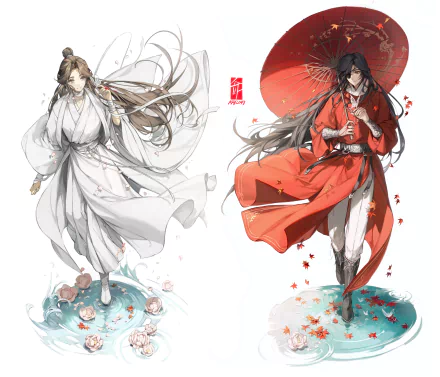 HD PC desktop wallpaper from Tian Guan Ci Fu: anime Xie Lian in flowing white robes on the left and Hua Cheng in red with an umbrella on the right, stylized water and falling petals.