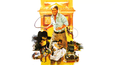HD PC wallpaper of Indiana Jones from the movie Raiders of the Lost Ark — heroic pose with whip before the golden Ark and action montage.