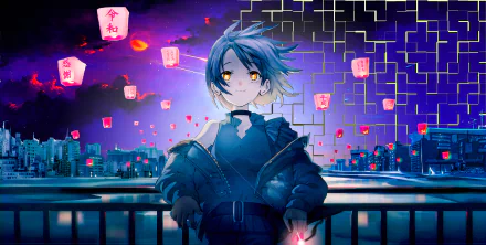 Anime girl with blue hair and glowing yellow eyes stands against a cityscape at night, surrounded by floating lanterns and digital grid elements in this 4K Ultra HD PC desktop wallpaper.