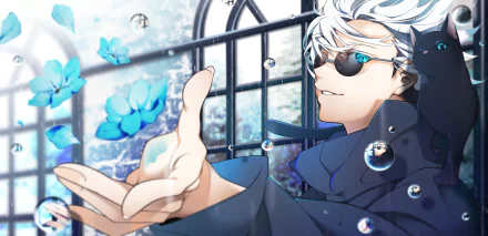 Satoru Gojo from Jujutsu Kaisen with white hair and glasses, blue-eyed, reaching out his hand amid rain and floating bubbles in a vibrant 4K anime desktop wallpaper.