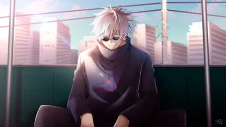 Satoru Gojo from Jujutsu Kaisen with white hair, blue eyes, and glasses, wearing a school uniform, set against a city skyline in a 4K Ultra HD anime wallpaper.