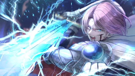 Gilthunder (The Seven Deadly Sins) in armor, pink hair and a fierce grin, slashing a lightning-charged sword amid blue electric arcs — anime 4K Ultra HD PC desktop wallpaper.
