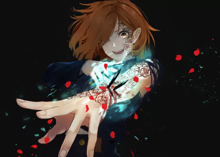 HD desktop wallpaper featuring Nobara Kugisaki from Jujutsu Kaisen, showing her with brown hair and eyes, reaching out her hand with a dynamic background.