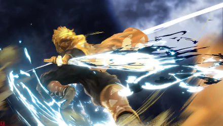 HD wallpaper featuring Zenitsu Agatsuma from the anime Demon Slayer: Kimetsu no Yaiba, showcasing his dynamic pose with a glowing sword and lightning effects against a stormy backdrop.