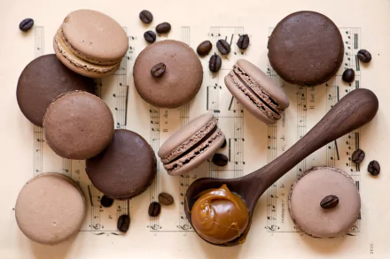 HD desktop wallpaper featuring caramel and coffee-flavored macarons scattered on sheet music with coffee beans and a wooden spoon holding caramel.