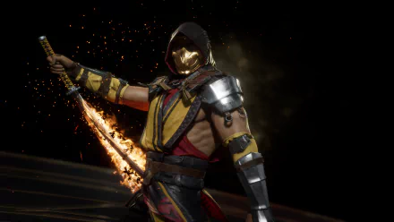 Scorpion from Mortal Kombat 11 in an HD PC desktop wallpaper: hooded warrior with gold mask wielding a flaming sword against a dark, smoky background.