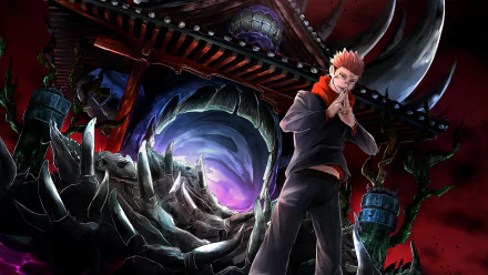 Anime-style 8K wallpaper featuring Sukuna from Jujutsu Kaisen with pink hair in a school uniform, set against a dark, ominous backdrop with swirling energy and sharp structures.