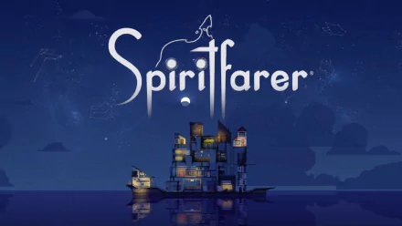 HD wallpaper of Spiritfarer game with logo above a house-boat on a tranquil sea at dusk.
