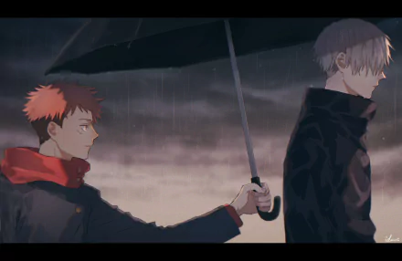 HD PC desktop wallpaper — Jujutsu Kaisen: Yuji Itadori (pink hair, school uniform) holds an umbrella over stoic Satoru Gojo (white hair) in a rain-soaked anime scene.