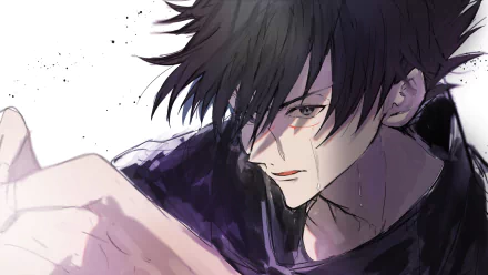 HD PC desktop wallpaper of Megumi Fushiguro from Jujutsu Kaisen: black-haired anime close-up, pale skin, intense, slightly smiling expression and outstretched arm.