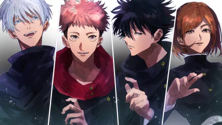 HD PC wallpaper featuring anime characters Satoru Gojo, Yuji Itadori, Megumi Fushiguro, and Nobara Kugisaki from Jujutsu Kaisen in school uniforms with distinctive hair and eye colors.