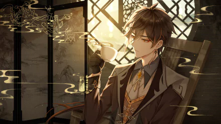 HD desktop wallpaper of Zhongli from Genshin Impact, depicted elegantly sipping tea in a sunlit room, with intricate background designs enhancing the scene.