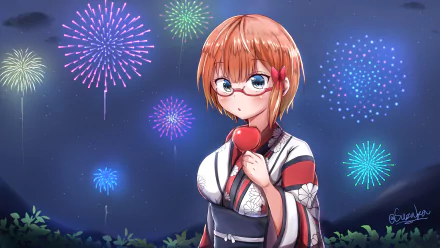 fireworks yukata glasses blue eyes orange hair Rizu Ogata Bokutachi wa Benkyou ga Dekinai Anime We Never Learn HD Desktop Wallpaper | Background Image