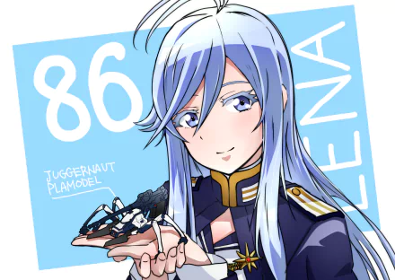 HD anime desktop wallpaper featuring Vladilena Milizé from Eighty Six, showcasing her with long silver hair and holding a small model of a Juggernaut.