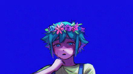 HD PC desktop wallpaper of Basil from the video game OMORI: blue-haired, blue-eyed boy with a flower crown, tearful expression against a vivid blue background.