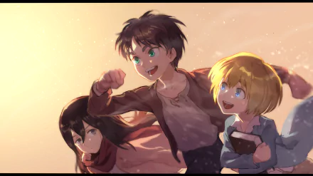 Anime HD desktop wallpaper featuring smiling Eren Yeager with green eyes, Mikasa Ackerman with brown hair, and Armin Arlert with blonde hair and blue eyes from Attack on Titan.
