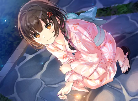 Anime girl with brown eyes and hair in a pink floral yukata, sitting on stone steps under a night sky, captured in a vibrant HD PC desktop wallpaper.
